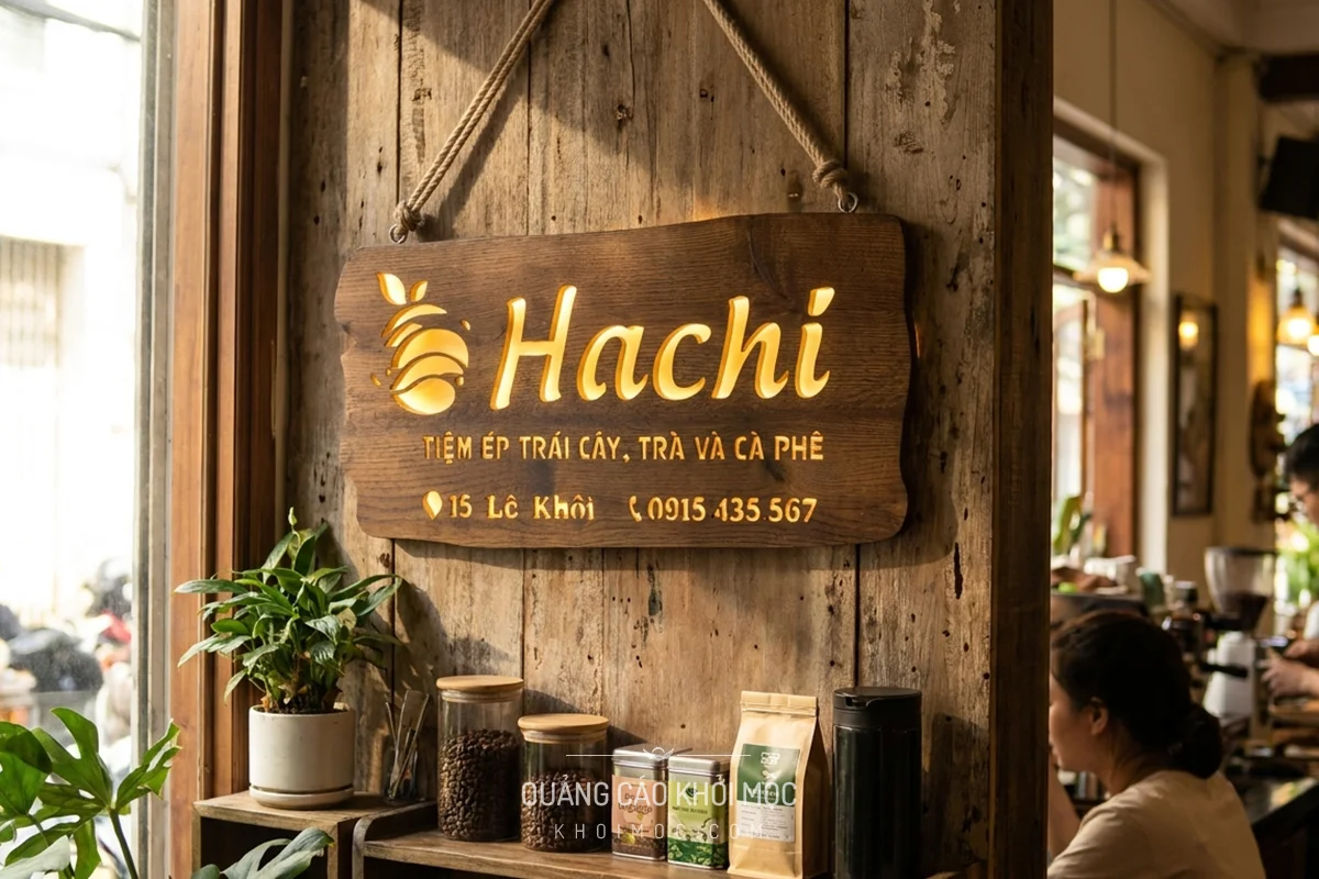 Bảng hiệu gỗ Hachi phối cảnh trong tiệm ép trái cây và trà