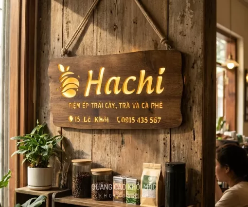 Bảng hiệu gỗ Hachi phối cảnh trong tiệm ép trái cây và trà