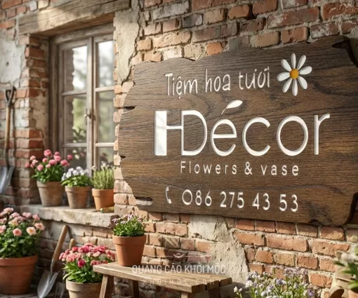 Bảng hiệu gỗ HDecor phối cảnh trong không gian tiệm hoa