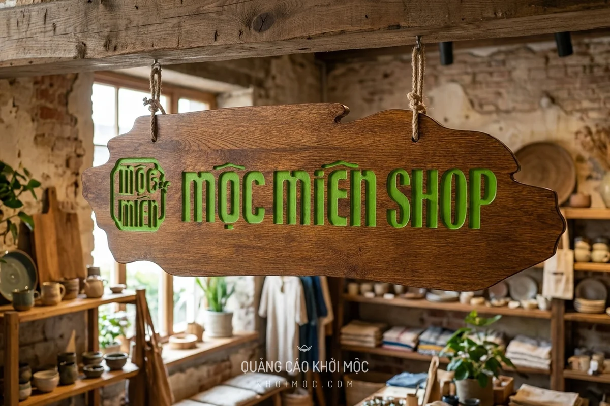 Bảng hiệu gỗ Mộc Miền Shop lắp đặt treo trần trong cửa hàng
