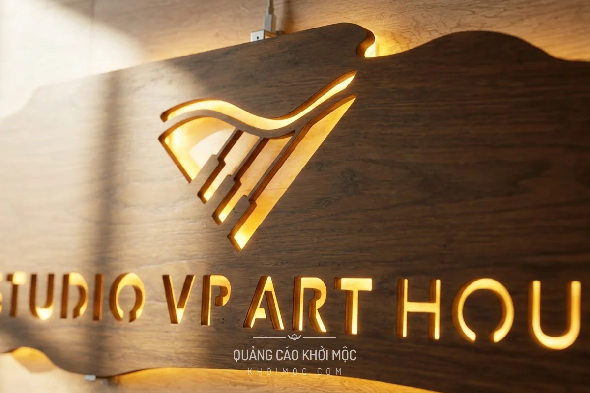 Cận cảnh logo phím đàn và tên thương hiệu bảng hiệu gỗ Studio VP Art House