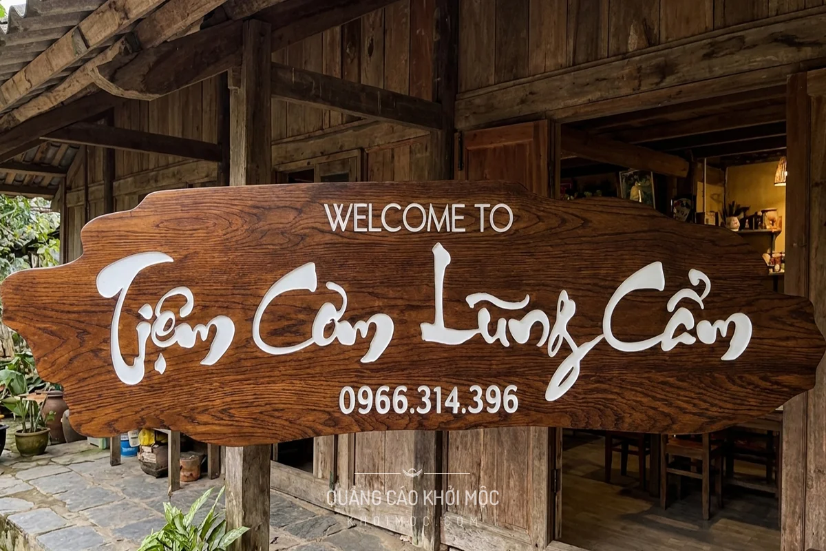 Bảng hiệu gỗ Welcome Tiệm Cầm Lũng Cẩm lắp trên cột gỗ trước nhà